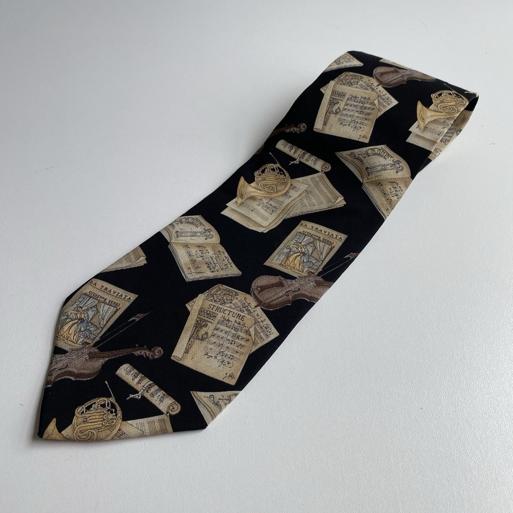 STRUCTURE Men's Black Music Tie French Horns Violins Music Sheets‎
